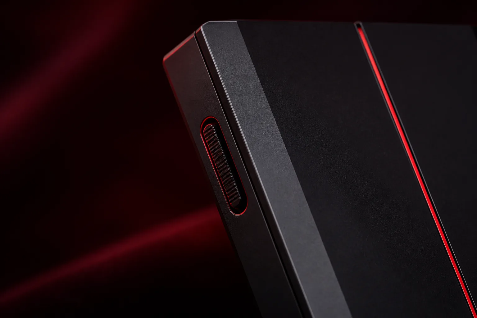 Nordvault hardware detail — red accent stripe and side control